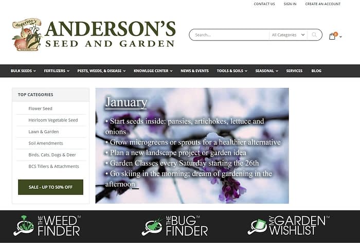 Anderson's seed and garden categories ecommerce website 1